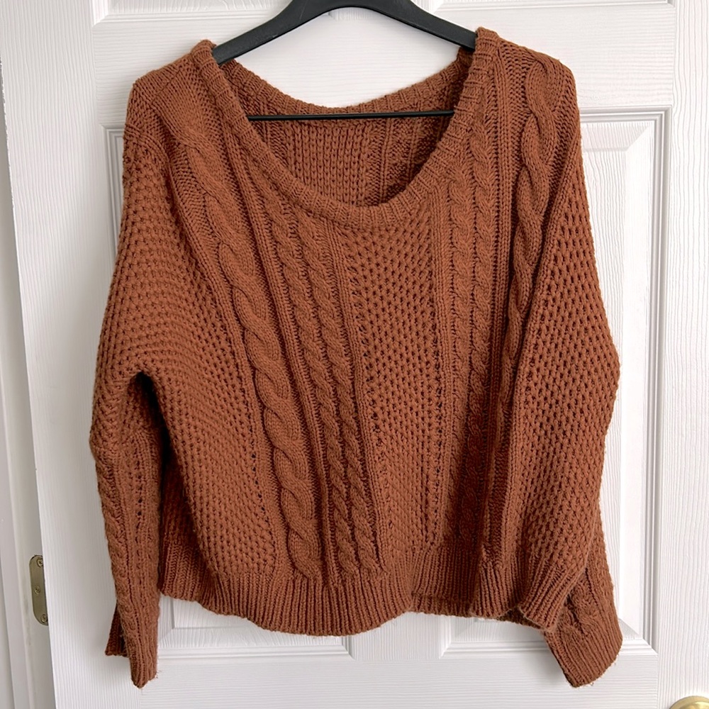 Handmade One Size Oversized Cable Knit Rust Burnt Orange Crocheted Fall Sweater